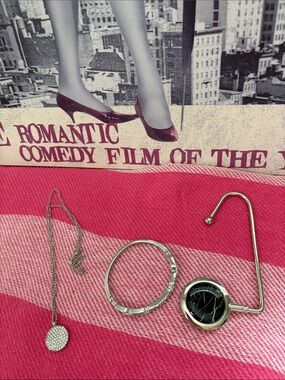 Silver-Tone Necklace, Bracelet & Handbag Hook Set in Black and Silver